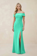 Off - the - Shoulder Satin Sheath Bridesmaid Dress With Slit in Turquoise - KissProm Bridesmaid Dresses