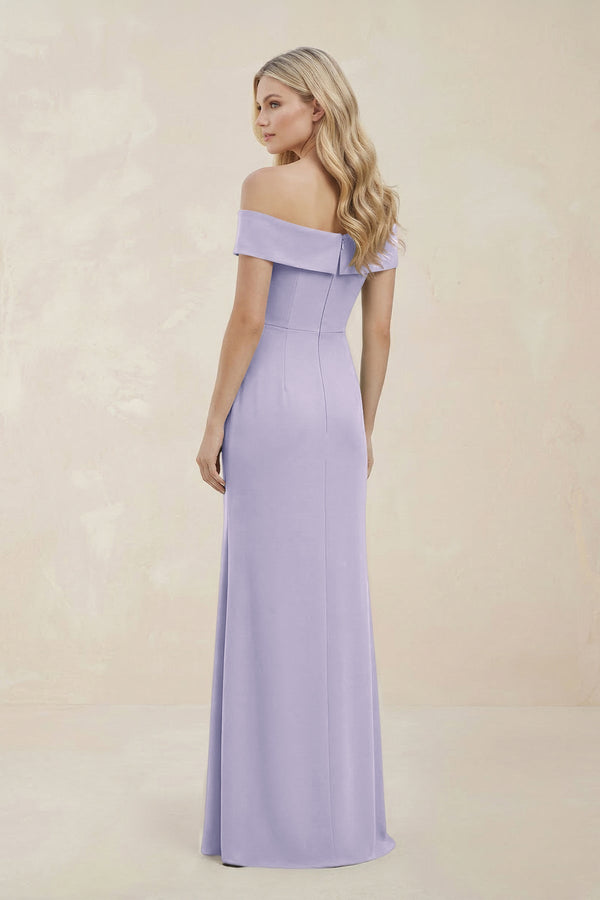 Off - the - Shoulder Satin Sheath Bridesmaid Dress With Slit in Vintage Mauve - KissProm Bridesmaid Dresses