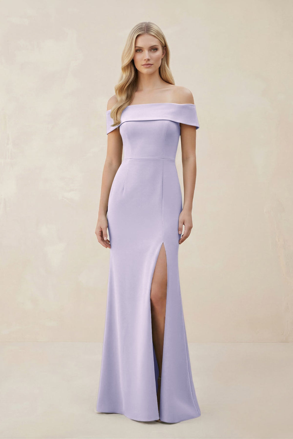 Off - the - Shoulder Satin Sheath Bridesmaid Dress With Slit in Vintage Mauve - KissProm Bridesmaid Dresses