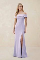 Off - the - Shoulder Satin Sheath Bridesmaid Dress With Slit in Vintage Mauve - KissProm Bridesmaid Dresses