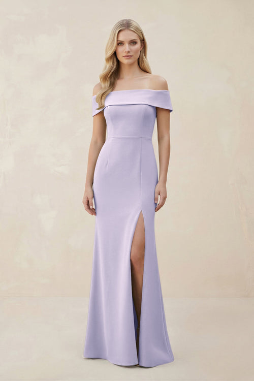 Off - the - Shoulder Satin Sheath Bridesmaid Dress With Slit in Vintage Mauve - KissProm Bridesmaid Dresses