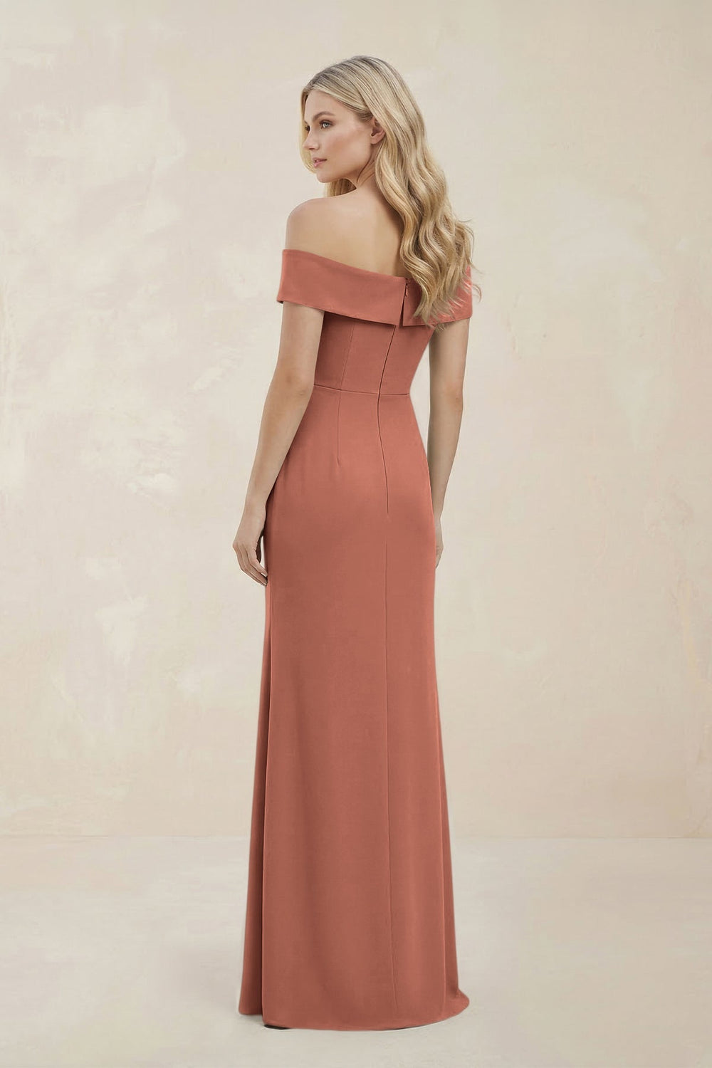 Off - the - Shoulder Satin Sheath Bridesmaid Dress With Slit in Wild Rose - KissProm Bridesmaid Dresses