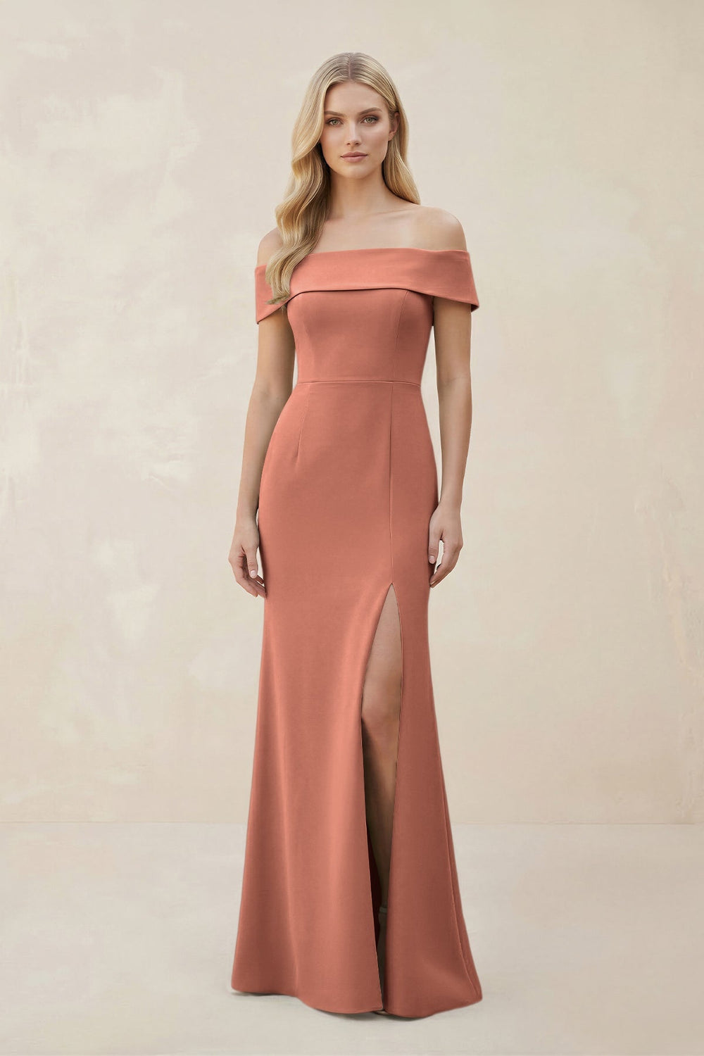 Off - the - Shoulder Satin Sheath Bridesmaid Dress With Slit in Wild Rose - KissProm Bridesmaid Dresses