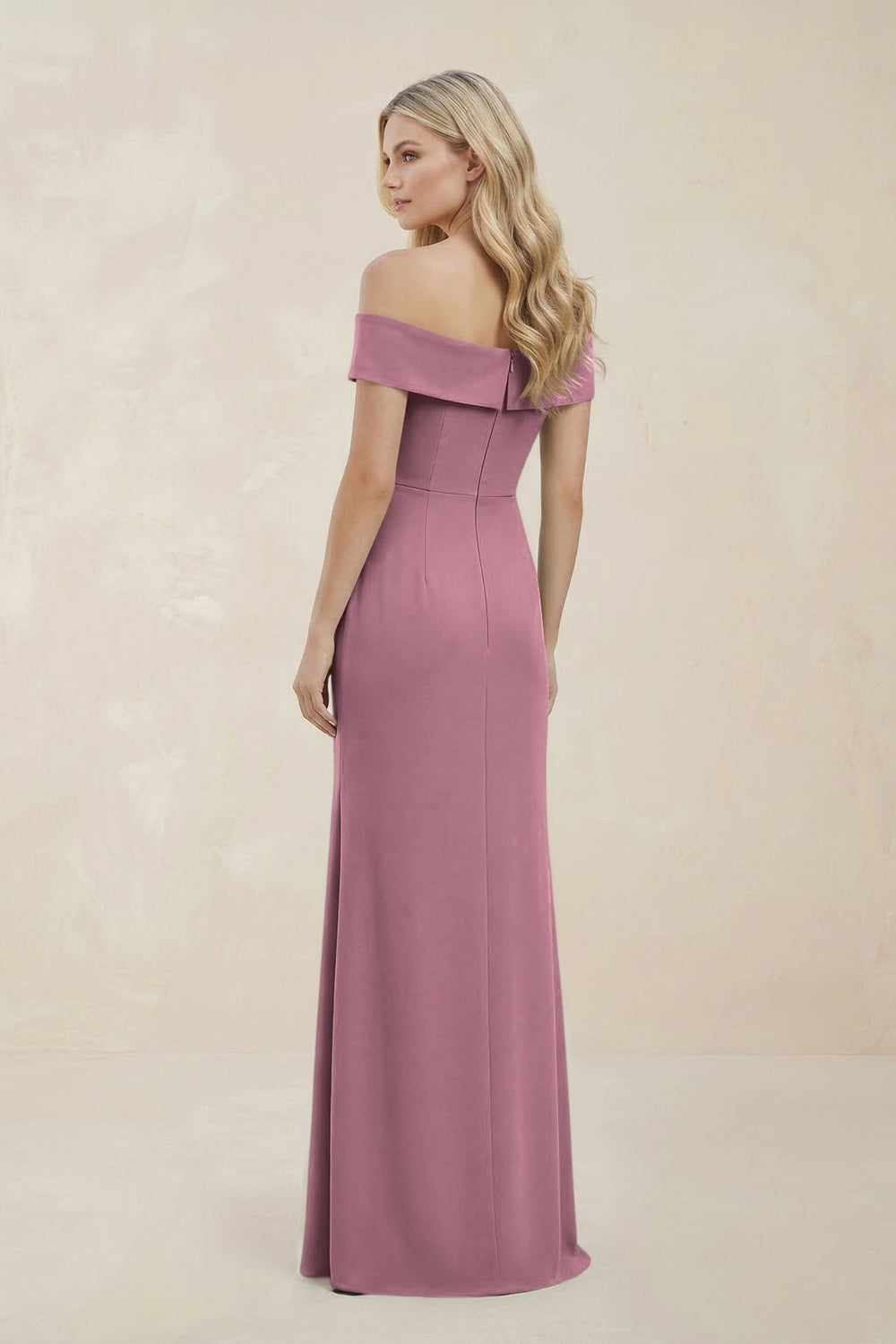 Off - the - Shoulder Satin Sheath Bridesmaid Dress With Slit in Wisteria - KissProm Bridesmaid Dresses