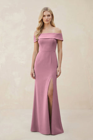 Off - the - Shoulder Satin Sheath Bridesmaid Dress With Slit in Wisteria - KissProm Bridesmaid Dresses