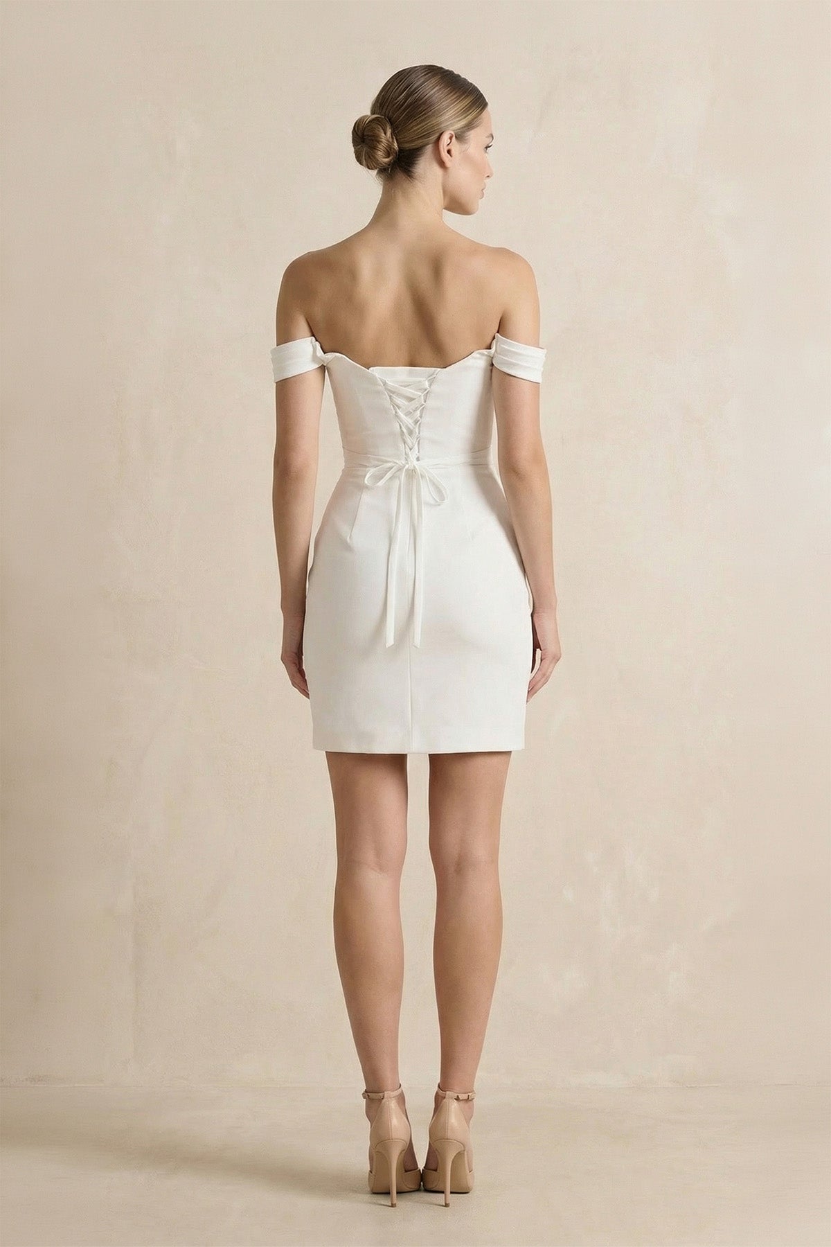 Off-the-Shoulder Short Satin Cowl Neck Simple Formal Wedding Dress With Slit, Diamond White / 8