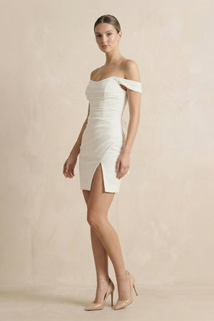 Elody | Off-the-Shoulder Short Satin Cowl Neck Simple Formal Wedding Dress With Slit