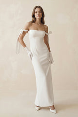 Simple Sheath Off-The-Shoulder Ankle-Length Satin Wedding Dresses – Wedding Dresses by KissProm | Available at KissProm