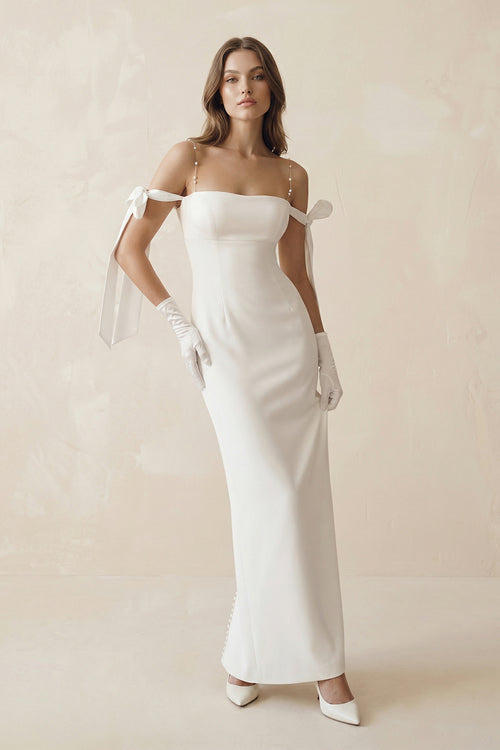 Simple Sheath Off-The-Shoulder Ankle-Length Satin Wedding Dresses – Wedding Dresses by KissProm | Available at KissProm
