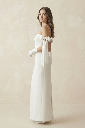 Simple Sheath Off-The-Shoulder Ankle-Length Satin Wedding Dresses – Wedding Dresses by KissProm | Available at KissProm