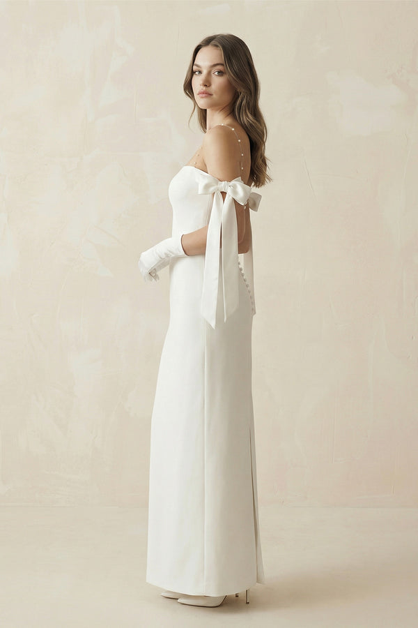 Simple Sheath Off-The-Shoulder Ankle-Length Satin Wedding Dresses – Wedding Dresses by KissProm | Available at KissProm