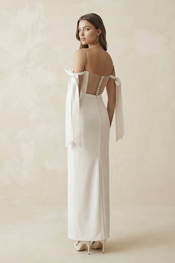 Simple Sheath Off-The-Shoulder Ankle-Length Satin Wedding Dresses – Wedding Dresses by KissProm | Available at KissProm
