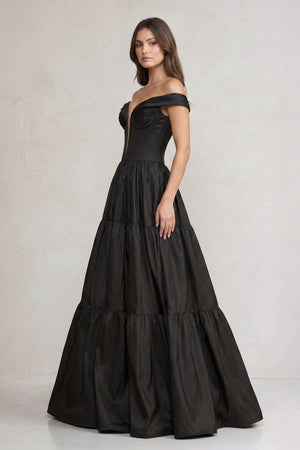 Off - the - Shoulder Satin Tiere Plunging Wedding Dress in Black - KissProm Wedding Dresses