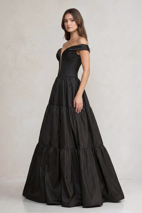 Off - the - Shoulder Satin Tiere Plunging Wedding Dress in Black - KissProm Wedding Dresses