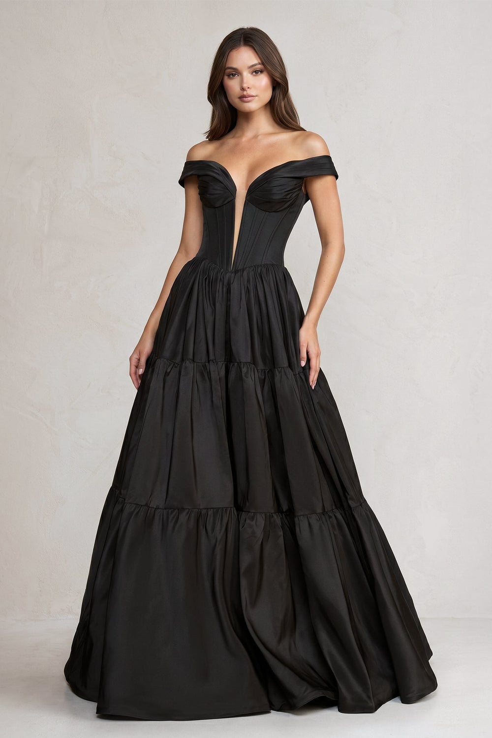Off - the - Shoulder Satin Tiere Plunging Wedding Dress in Black - KissProm Wedding Dresses