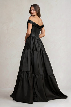 Off - the - Shoulder Satin Tiere Plunging Wedding Dress in Black - KissProm Wedding Dresses