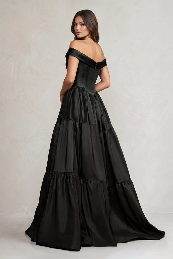 Off - the - Shoulder Satin Tiere Plunging Wedding Dress in Black - KissProm Wedding Dresses