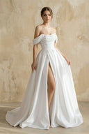Off The Shoulder Satin Wedding Dress With Slit in White - KissProm Wedding Dresses