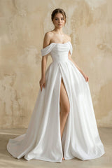 Off The Shoulder Satin Wedding Dress With Slit in White - KissProm Wedding Dresses