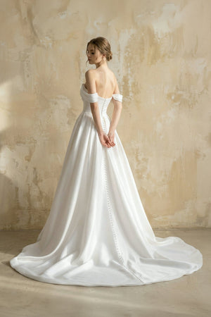 Off The Shoulder Satin Wedding Dress With Slit in White - KissProm Wedding Dresses