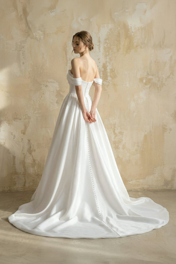 Off The Shoulder Satin Wedding Dress With Slit in White - KissProm Wedding Dresses