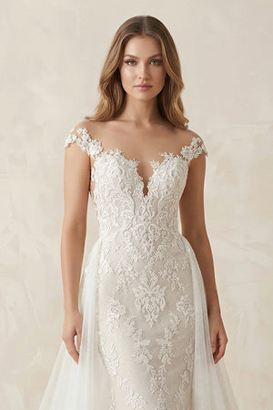 Off - the - Shoulder Sheath Appliqued Tulle Wedding Dress in White - KissProm Wedding Dresses
