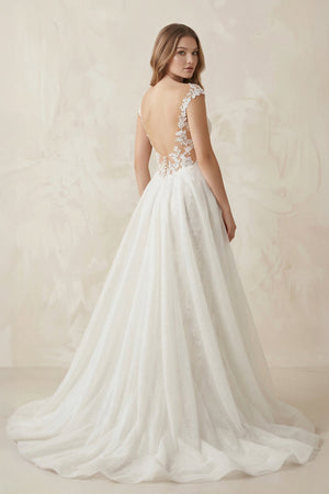 Off - the - Shoulder Sheath Appliqued Tulle Wedding Dress in White - KissProm Wedding Dresses