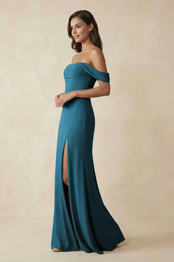 Off - the - Shoulder Sheath Bridesmaid Dress with Slit - KissProm Bridesmaid Dresses