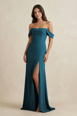 Off - the - Shoulder Sheath Bridesmaid Dress with Slit - KissProm Bridesmaid Dresses