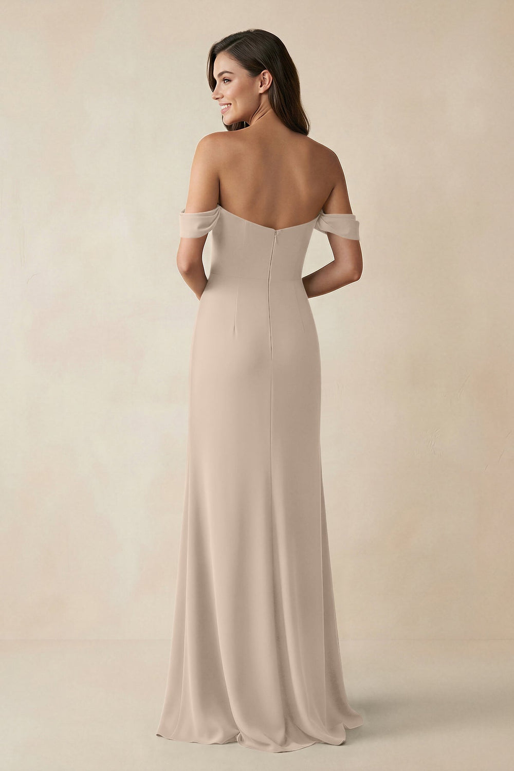 Off - the - Shoulder Sheath Bridesmaid Dress with Slit in Almond - KissProm Bridesmaid Dresses
