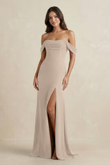 Off - the - Shoulder Sheath Bridesmaid Dress with Slit in Almond - KissProm Bridesmaid Dresses