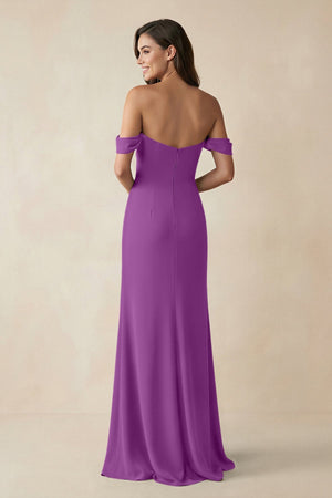 Off - the - Shoulder Sheath Bridesmaid Dress with Slit in Amethyst - KissProm Bridesmaid Dresses