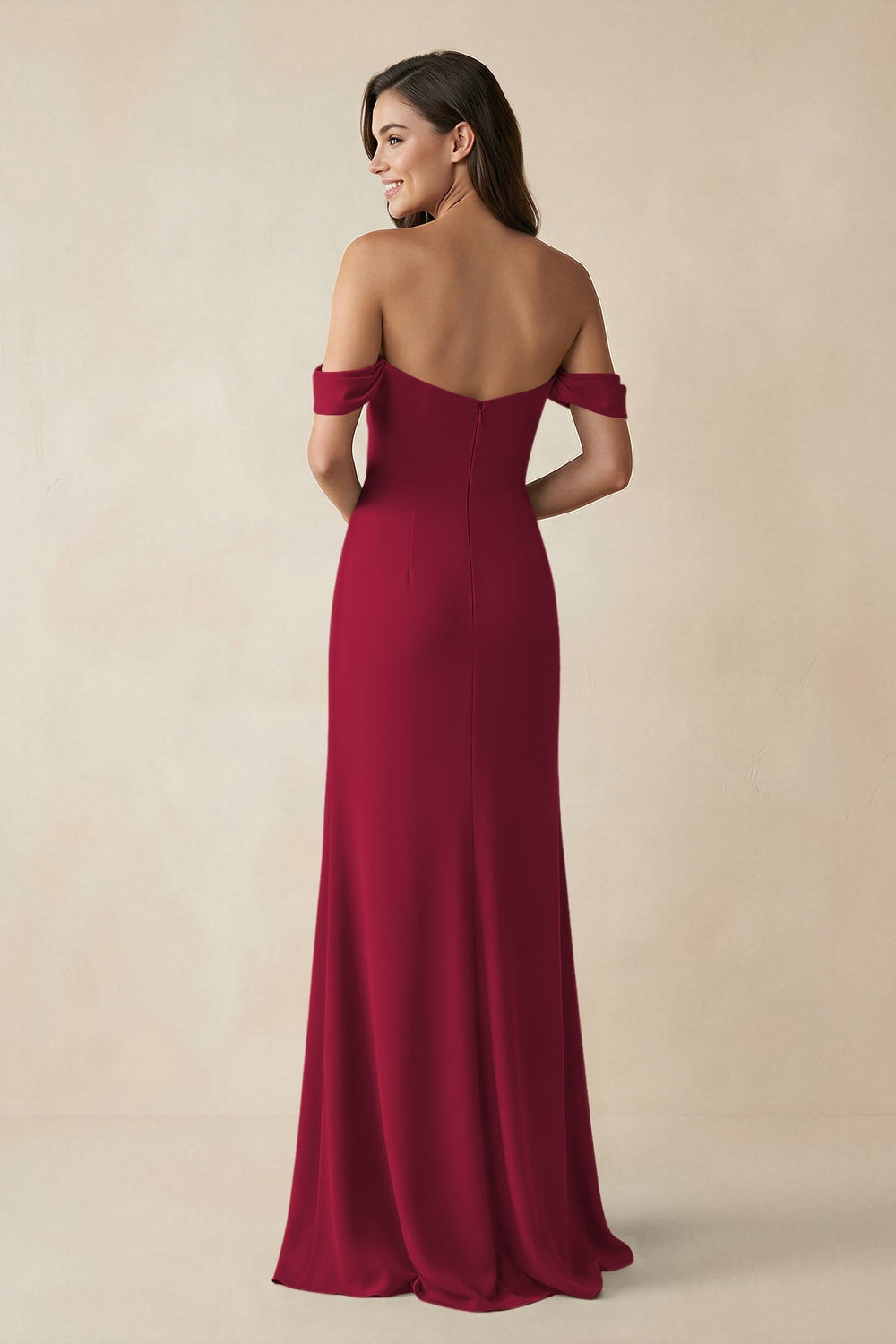Off - the - Shoulder Sheath Bridesmaid Dress with Slit in Berry - KissProm Bridesmaid Dresses