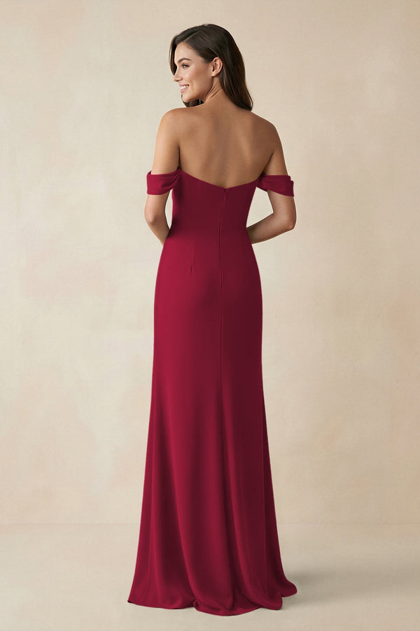 Off - the - Shoulder Sheath Bridesmaid Dress with Slit in Berry - KissProm Bridesmaid Dresses
