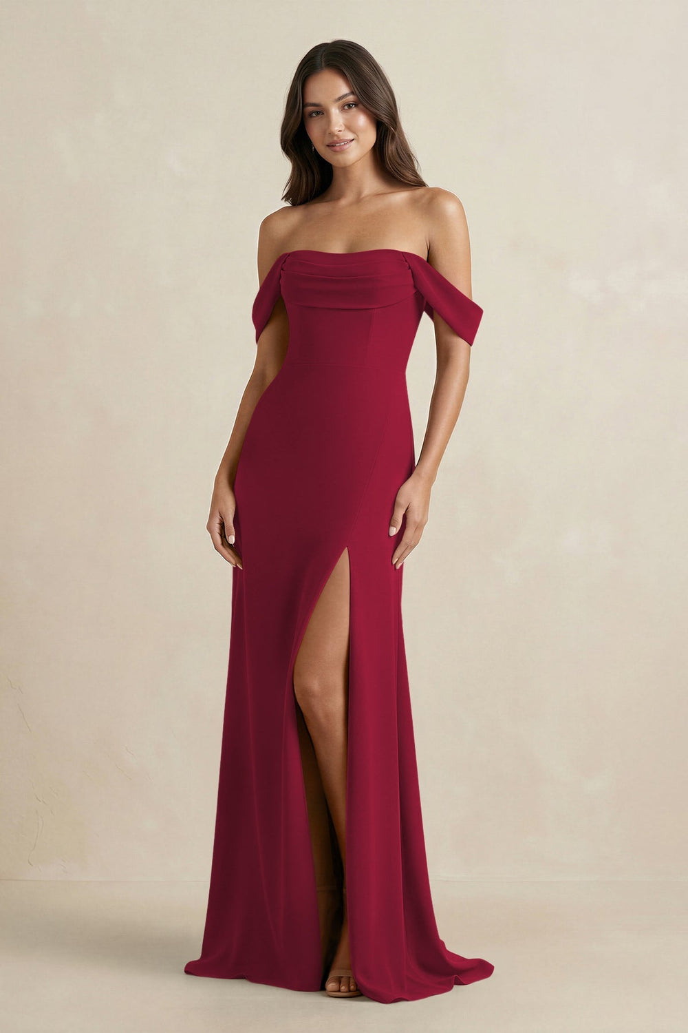 Off - the - Shoulder Sheath Bridesmaid Dress with Slit in Berry - KissProm Bridesmaid Dresses