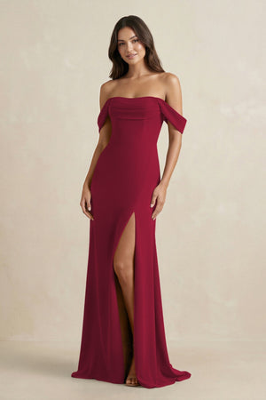 Off - the - Shoulder Sheath Bridesmaid Dress with Slit in Berry - KissProm Bridesmaid Dresses