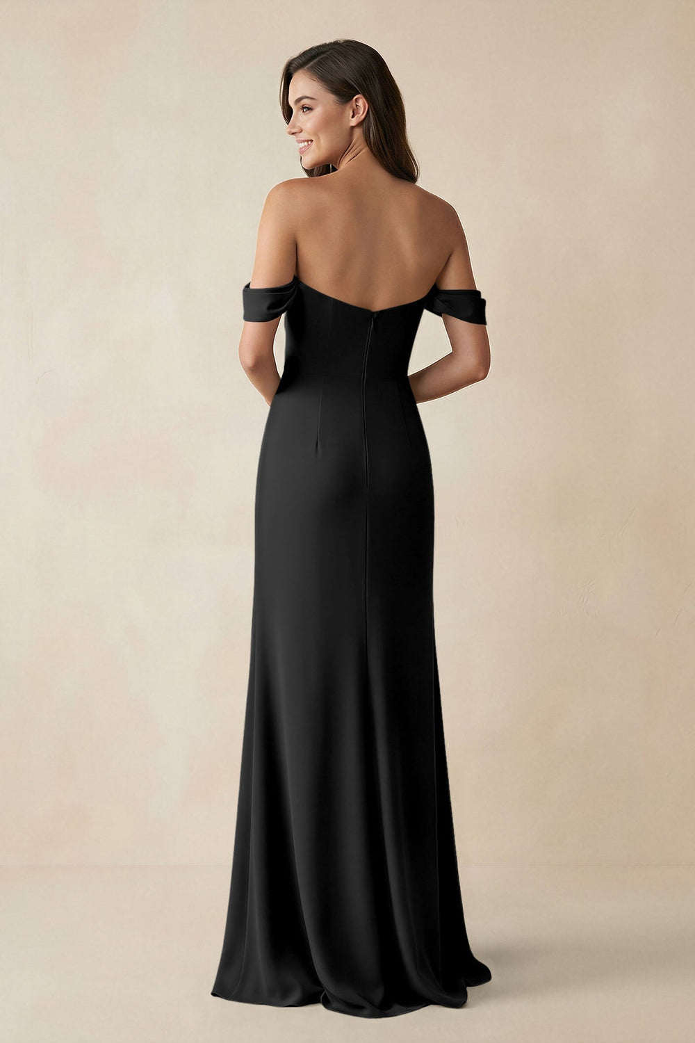 Off - the - Shoulder Sheath Bridesmaid Dress with Slit in Black - KissProm Bridesmaid Dresses