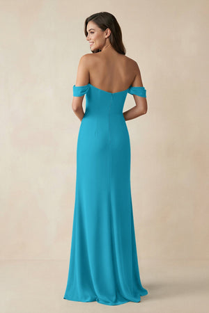 Off - the - Shoulder Sheath Bridesmaid Dress with Slit in Blue Jay - KissProm Bridesmaid Dresses