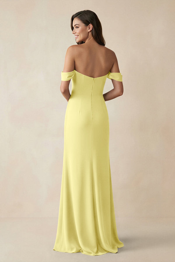 Off - the - Shoulder Sheath Bridesmaid Dress with Slit in Buttercup - KissProm Bridesmaid Dresses