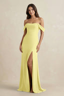 Off - the - Shoulder Sheath Bridesmaid Dress with Slit in Buttercup - KissProm Bridesmaid Dresses