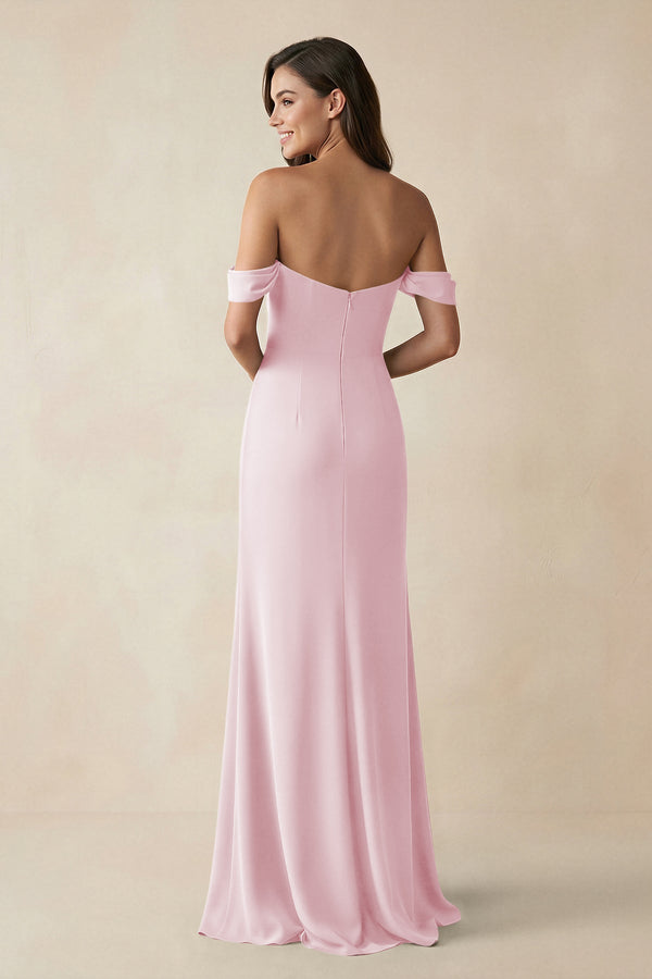 Off - the - Shoulder Sheath Bridesmaid Dress with Slit in Candy Pink - KissProm Bridesmaid Dresses
