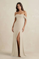 Off - the - Shoulder Sheath Bridesmaid Dress with Slit in Champagne - KissProm Bridesmaid Dresses