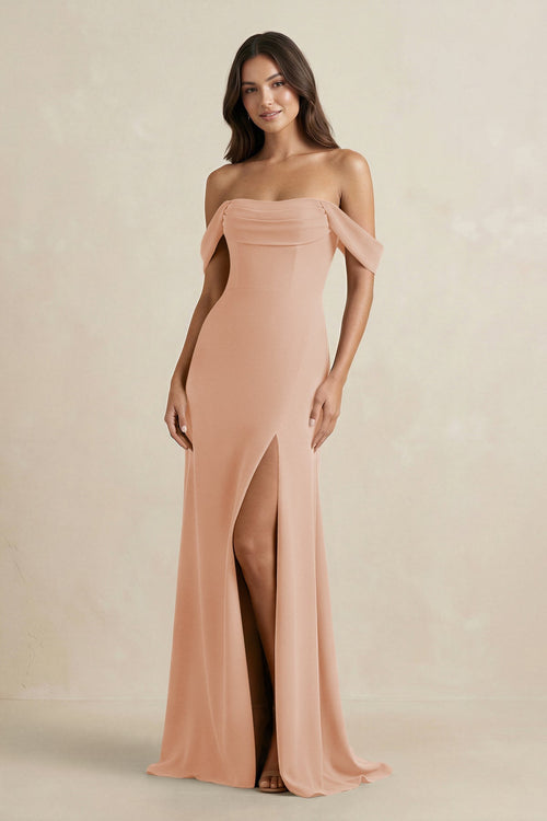 KissProm | Off-the-Shoulder Sheath Bridesmaid Dress With Slit in Champagne Rose KissProm | Off-the-Shoulder Sheath Bridesmaid Dress With Slit in Champagne Rose
