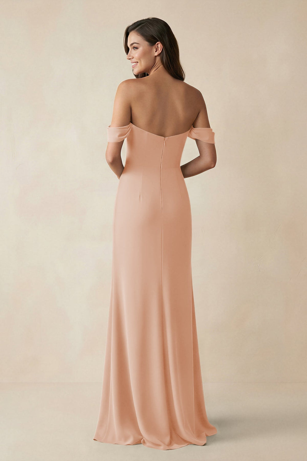 Off - the - Shoulder Sheath Bridesmaid Dress with Slit in Champagne Rose - KissProm Bridesmaid Dresses