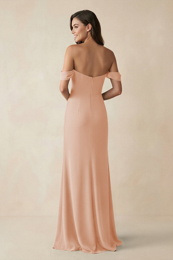 Off - the - Shoulder Sheath Bridesmaid Dress with Slit in Champagne Rose - KissProm Bridesmaid Dresses