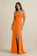 Off - the - Shoulder Sheath Bridesmaid Dress with Slit in Cinnamon - KissProm Bridesmaid Dresses