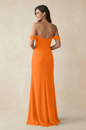 Off - the - Shoulder Sheath Bridesmaid Dress with Slit in Cinnamon - KissProm Bridesmaid Dresses