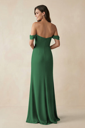 Off - the - Shoulder Sheath Bridesmaid Dress with Slit in Dark Green - KissProm Bridesmaid Dresses