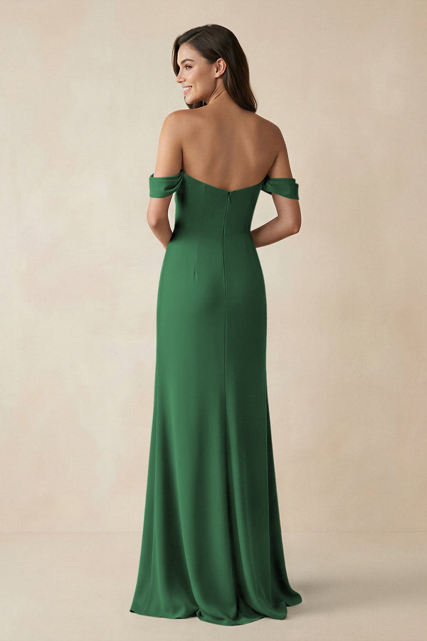 Off - the - Shoulder Sheath Bridesmaid Dress with Slit in Dark Green - KissProm Bridesmaid Dresses