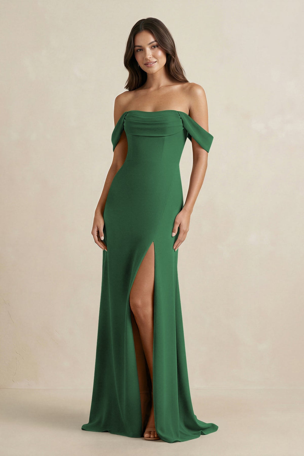 Off - the - Shoulder Sheath Bridesmaid Dress with Slit in Dark Green - KissProm Bridesmaid Dresses